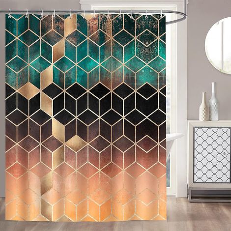 Rideau de douche géométrique en polyester à motif marbre vert - 180 x 180 cm - Résistant à la moisissure, imperméable et lavable - Anneaux inclus (1/5)