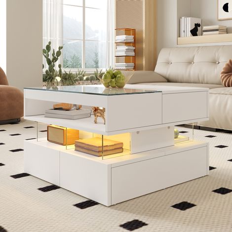 Couchtisch aus Spanplatte Weiß 70 cm mit höhenverstellbarer Platte und LED (1/5)