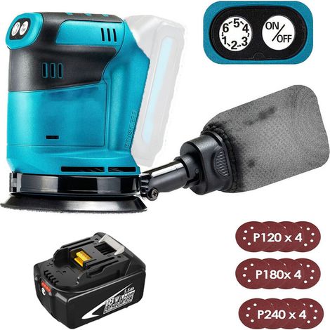 125-mm-Akku-Elektro-Exzenterschleifer, bürstenlos, 6 Geschwindigkeiten, schnell anzubringender Staubbeutel und 12 Schleifscheiben, mit 5,5-A-Akku (kein Ladegerät), kompatibel mit Makita-Akku