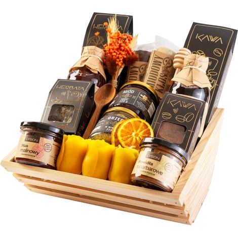 Cesto regalo esclusivo, set regalo con tè, caffè, miele e sciroppo premium. (1/5)