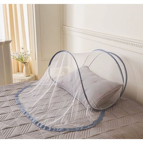 Faltbares Moskitonetz mit Kopfteil – 100 x 80 x 55 cm, kompakt und mückenfreier Schlaf, Weiß mit blauem Rand (1/4)
