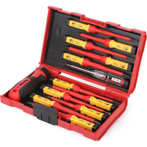 Jeu de 13 tournevis isolés 1 000 V pour électricien, embout magnétique en acier Cr-V. 4 plats, 2 cruciformes, 2 Pozidriv, 3 Torx, 1 testeur de tension et 1 manche. Idéal pour réparations