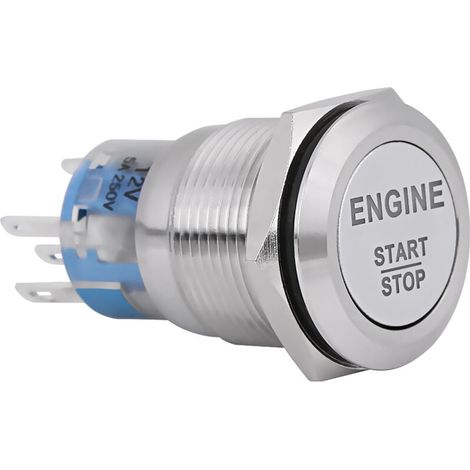 Pulsador LED blanco de 12 V para motor – Arranque/Parada, acero inoxidable plateado, con soporte para montaje en pared.