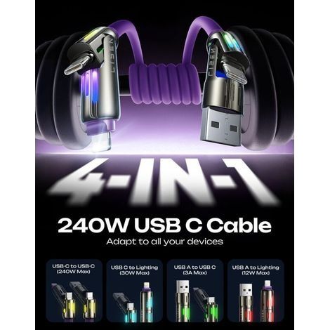 Chubby 240W USB-C-Kabel, 4-in-1-Ladekabel (2 m) mit Leuchte, USB-A/C-auf-C/L-Ladekabel für iPhone 16, 15, 14 Pro Max/MacBook/iPad Pro/Samsung S24, Lila (1/4)