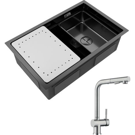 Cecipa Évier Cuisine 1 Bac Noir avec Egouttoir et Vasque Évier à Encastrer 70×44×21CM + Mitigeur Cuisine Brossé avec Douchette Robinet Douchette (1/5)