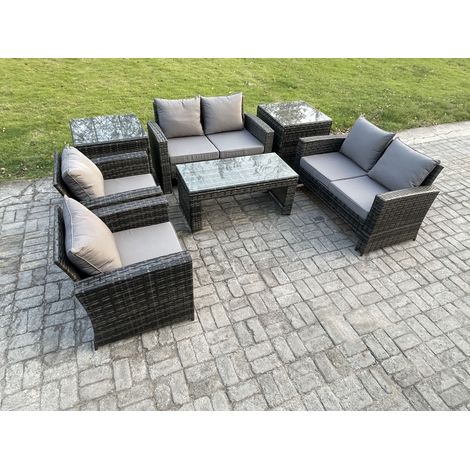 Fimous 6 Seater Dark Grey Mixed High Back Rattan Sofa Set Coffee Table Garden Furniture Outdoor Patio With Love Sofa Arm Chairs 2 Side Tables (1/5)