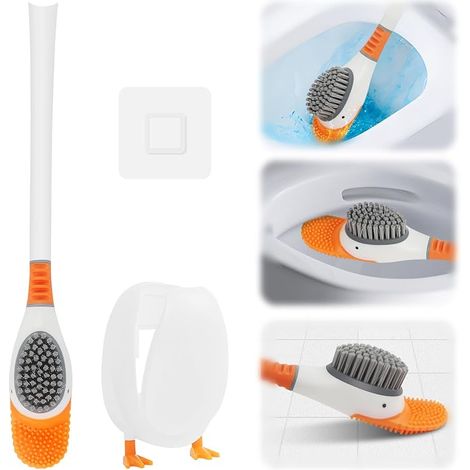 Silicone Toilet Brush, Duck Shaped Scrubber with Holder, Flexible Flat Scrubber Set for Home, Hotel, School (1/5)