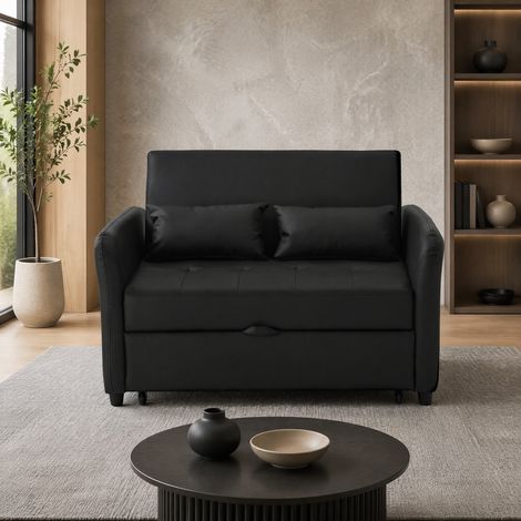 Sofá cama de 2 plazas con respaldo regulable en 3 posiciones, PU negro, con 2 cojines HAVRYA (1/5)