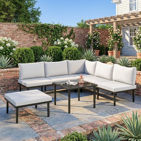 Modulare Eck-Gartenlounge für 6 Personen, Couchtisch mit Tischplatte aus gehärtetem Glas, hellgrau