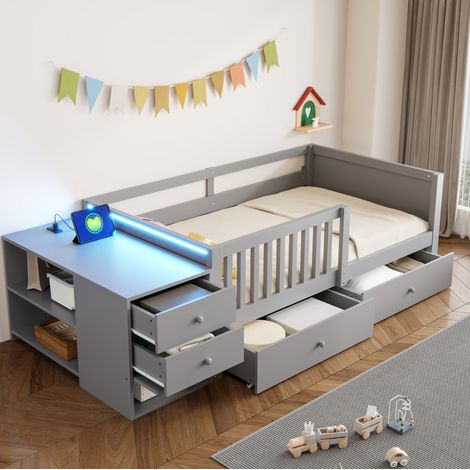 Letto per bambini 90x200 cm con LED, presa elettrica e contenitore modulare, 2 cassetti, sponda di sicurezza, legno grigio (1/5)