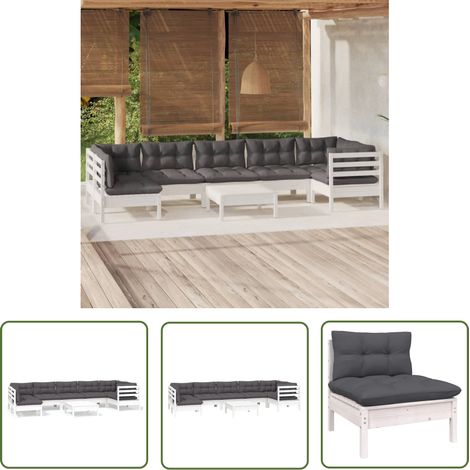 The Living Store Salon de jardin 8 pcs avec coussins blanc bois de pin - Ensemble Salon De Jardin - Mobilier De Jardin - Salon De Patio - Meubles De Jardin - Bois De Pin (1/5)
