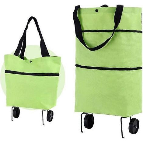 Sac cabas pliable à roulettes, grande capacité, en tissu Oxford vert. (1/3)