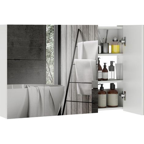 Armoire de salle de bain murale avec 3 portes miroir et étagères en bois réglables, 90 x 13,5 x 60 cm, blanche (1/5)
