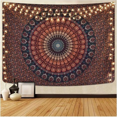 1 tapisserie murale, mandala bohème, motif paon psychédélique, 130 cm × 150 cm, polyester 100 %, décoration chambre ou salon (1/5)
