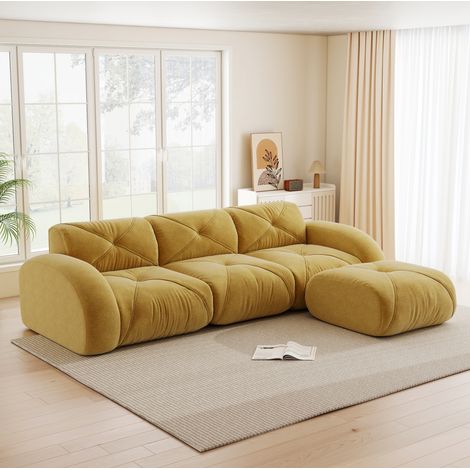 Sofá modular en L 281x171x76 cm amarillo de chenilla con puf, sin montaje (1/5)