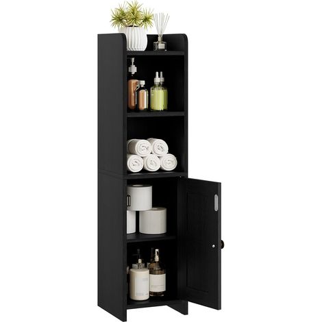 Petite Armoire de Rangement pour Salle de Bain, Organiseur de Salle de Bain sur Pied pour Petits espaces, Fond d'angle étroit avec Porte et étagères, 20 x 20 x 80 cm, Noir (1/5)