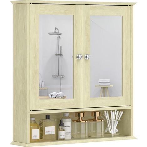 Cabinet of bathroom wall-mounted with mirror, 56 x 13 x 58 cm, furniture of bathroom with doors to double mirror, finish wood natural (1/5)