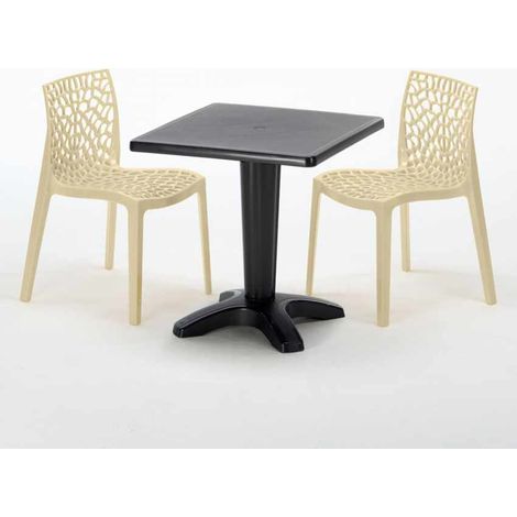 Tavolino Quadrato Nero 70x70 cm con 2 Sedie Colorate Gruvyer Aia - Beige