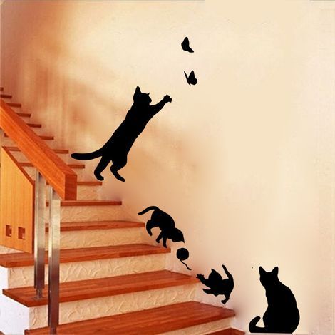 Cat bedroom/living room background stair wall sticker - black (1/5)