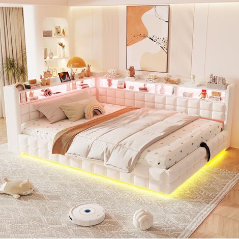 CHICFURN Divano letto 140x200 cm in velluto beige con contenitore idraulico, LED, USB e Type-C (1/5)