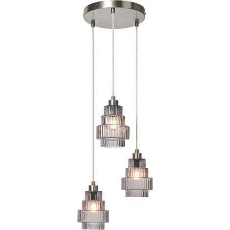 Litecraft Louisa Ceiling Pendant Cluster Smoke Tint Shaded 3 Light - Satin Nickel