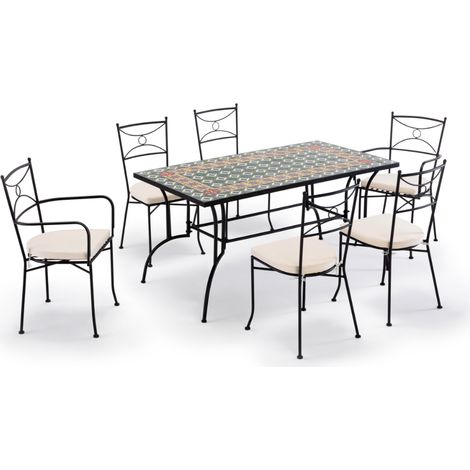 Set pranzo da giardino 6 posti con 1 tavolo rettangolare in mosaico di ceramica 2 poltrone 4 sedie e cuscini