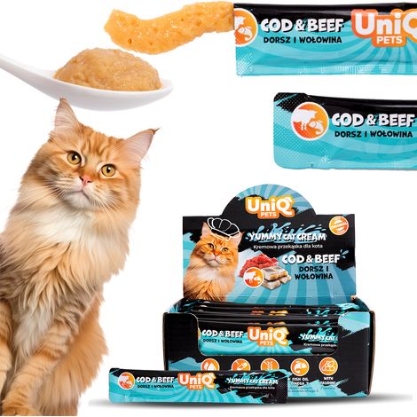 PurrCream UniQ Pets, una delicia de pasta de bacalao y ternera para gatos, 15 g x 50 unidades.