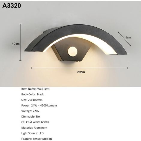 Applique murale moderne 24W avec capteur de mouvement, applique murale à lumière chaude noire 3000K, applique murale d'extérieur pour couloir-Lumière chaude (1/5)