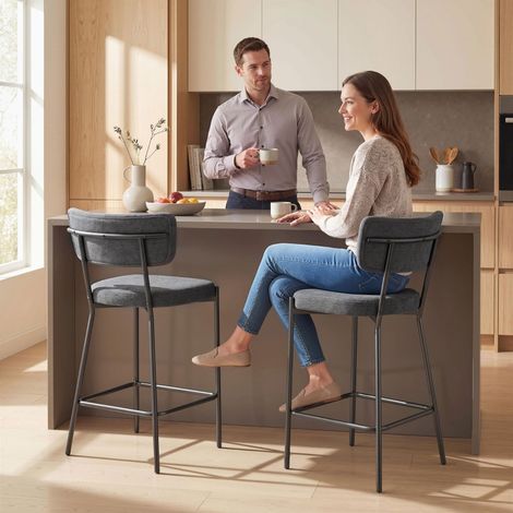 Lot de 2 tabourets de bar gris dossier incurvé assise rembourrée pour îlot cuisine ou coin repas (1/5)