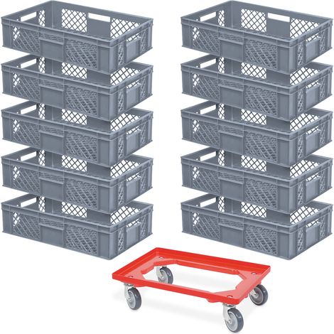 BRB Lot de 10 bacs euro, L x l x H 600 x 400 x 150 mm, qualité industrielle, qualité alimentaire + 1 chariot de transport avec planche en plastique ABS incassable (gris/rouge) (1/2)