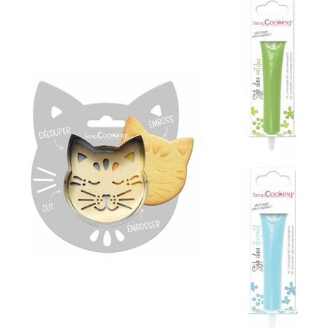 Kit pour biscuit en relief Chat + 2 Stylos au chocolat vert clair et bleu pastel
