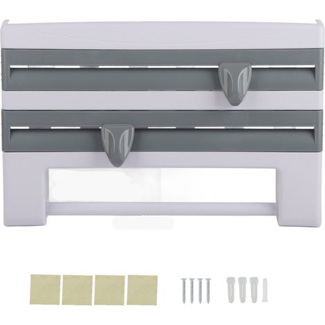 Distributeur de film étirable avec coupeur, support pour rouleaux de film plastique et essuie-tout, gris-bleu, ustensiles de cuisine.