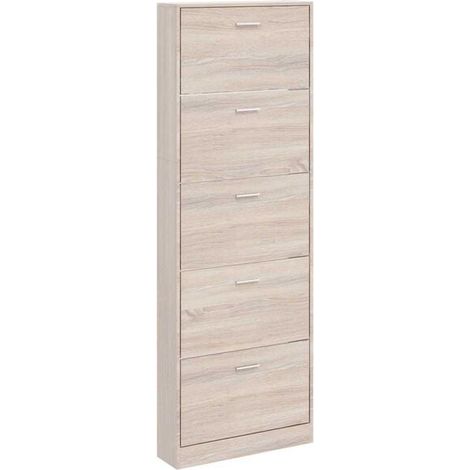 Meuble à chaussures en bois à cinq compartiments avec placage en chêne. (1/5)