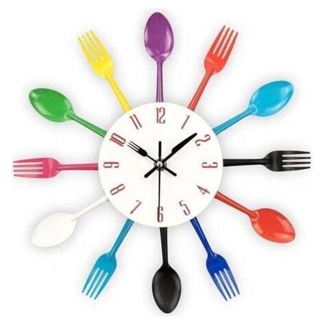 Horloge murale de cuisine, 3D amovibles, couverts créatifs modernes, cuillère de cuisine, fourchette, horloge murale, miroir, autocollant mural, décoration de la maison (colorée)