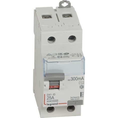 Interrupteur différentiel DX³-ID arrivée haute et départ bas à vis - 2P 230V 25A typeAC 300mA - 2 modules - 411524 - LEGRAND