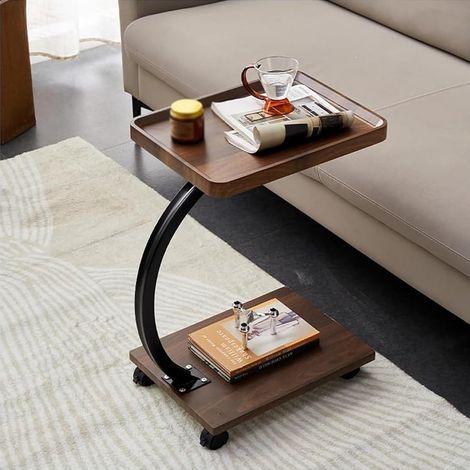 Sinbinta – Table d'appoint en bois noyer avec roulettes – Design en C pour espaces réduits – Dimensions 40 x 30 x 60 cm – Capacité 6 kg (1/5)