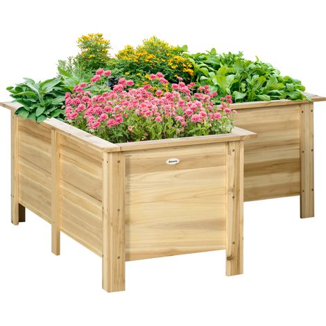 Natürliches, erhöhtes Gartenbeet aus Holz, L-förmig, mit Vliesstoff-Beschichtung, für den urbanen Garten, 120 x 120 x 50 cm