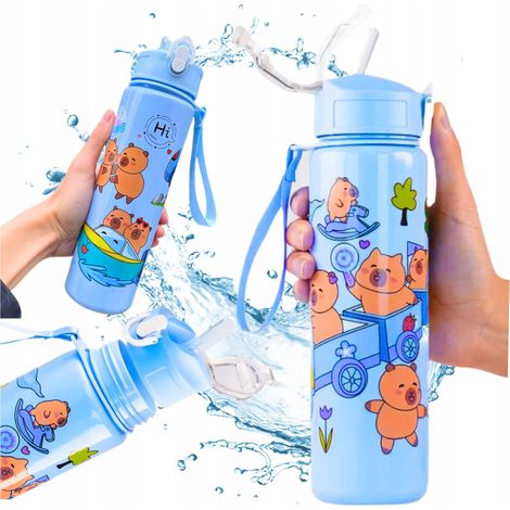 Botella de agua Capybara con pajita para niños, ideal para llevar al colegio, 690 ml. (1/5)
