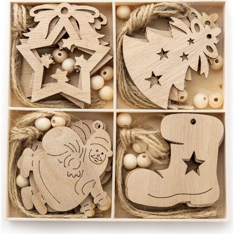 20pcs Christmas Tree Decorations Accessories Christmas Wood Chip Pendant Christmas Tree Decoration Wooden Christmas Tree Ornaments for Gift Tag Christmas Home Decoration 4 Models (1/5)