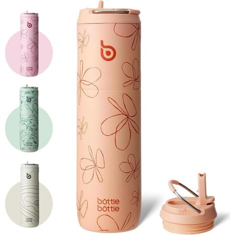 Isolierte Trinkflasche 680 ml mit Strohhalm, Griff - Blumen (1/5)