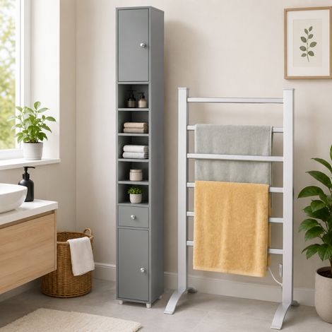 Conjunto de armarios de baño con calefacción (2 piezas): armario de pared estrecho con cajón y calentador de toallas eléctrico de 6 barras (1/5)