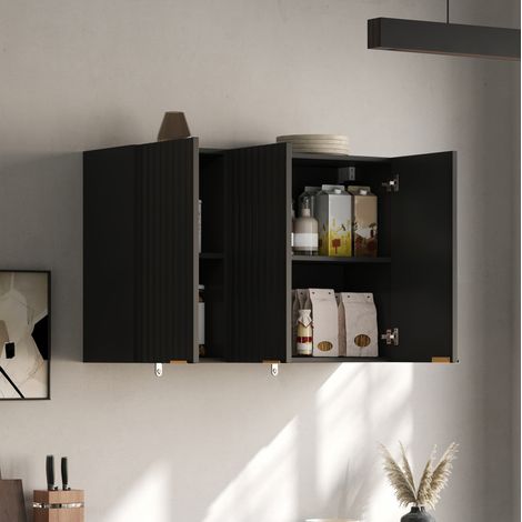 Meuble mural 90x29x60 cm en MDF noir, 3 portes, rangement gain de place pour cuisine – MEUBLIV (1/5)