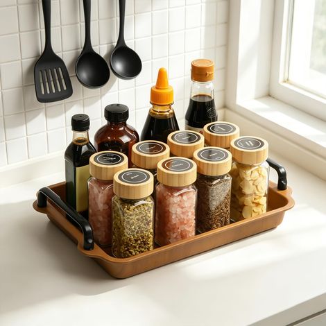 Plateau de Rangement avec Poignées – Étagère de Cuisine en Acier au Carbone et Imitation Bois, Barres en Fer Renforcées, pour Plan de Travail, Salle de Bains, Bureau, Salon (1/5)