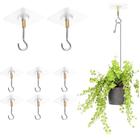 Ganchos de techo para colgar plantas, ganchos de techo autoadhesivos (sin necesidad de taladrar), ganchos de techo adhesivos de PVC transparente con ganchos de acero inoxidable para plantas. (1/5)