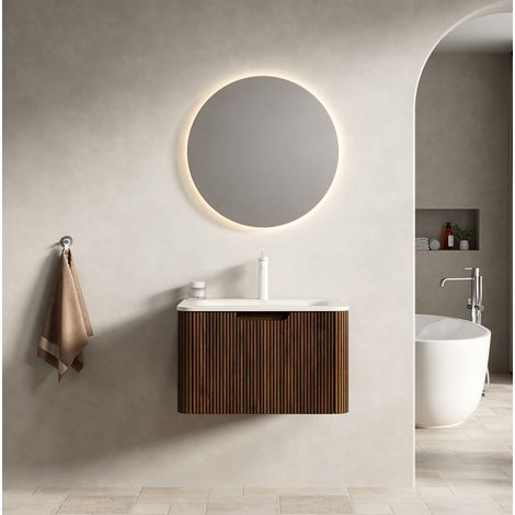 Waschtischunterschrank mit Sinterstein-Waschbecken, Beige/Walnuss, 60 cm, wandhängend, vormontiert, mit LED-Schublade (1/5)