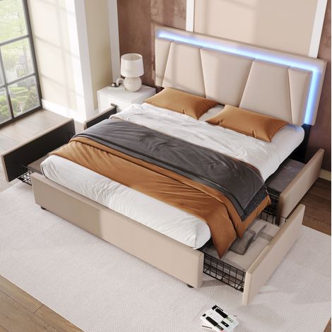 Letto matrimoniale in legno e tessuto beige 140x200 cm con LED, testiera regolabile e 4 cassetti (1/5)