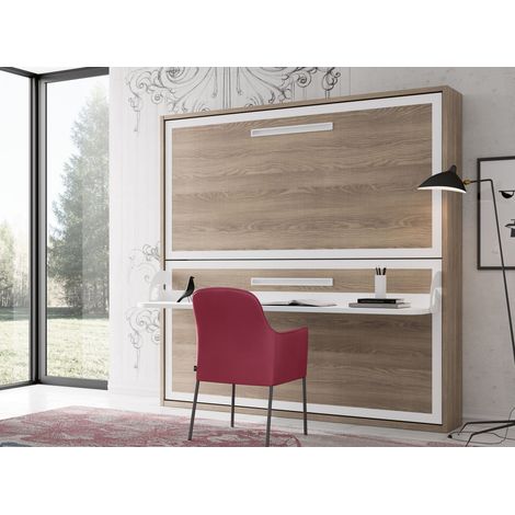 Lit superposé escamotable avec bureau Melina 90x180-Coffrage Chêne 3D-Façade Blanche (1/5)