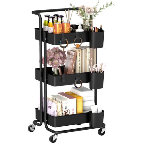 Three-Tier Home Trolley, with Handle and Wheels - Black