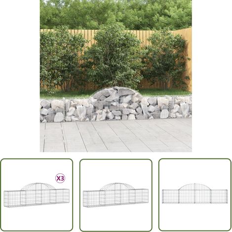 The Living Store Paniers à gabions arqués 3 pcs 200x30x40/60 cm Fer galvanisé - Panier De Gabion - Gabion - Mur De Gabion - Clôture De Jardin - Décoration De Jardin (1/5)
