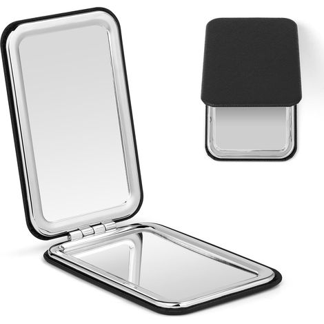 Espejo de bolsillo compacto de doble cara x1/x2 en piel negra, portátil para bolso, para mujeres y hombres. (1/5)